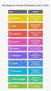 AI marketing tools infographic showing SEO, content, analytics, design, and automation tools
