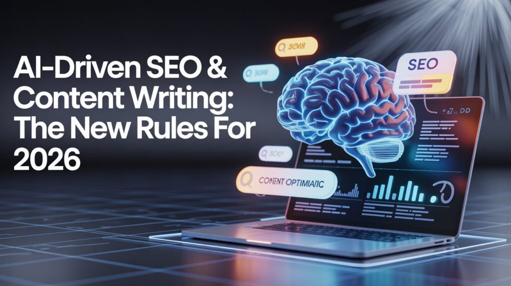 AI-driven SEO and content writing concept showing AI brain, search analytics, and digital optimization for 2026