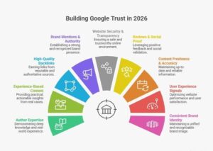 Infographic showing powerful trust signals that boost Google rankings in 2026 based on EEAT
