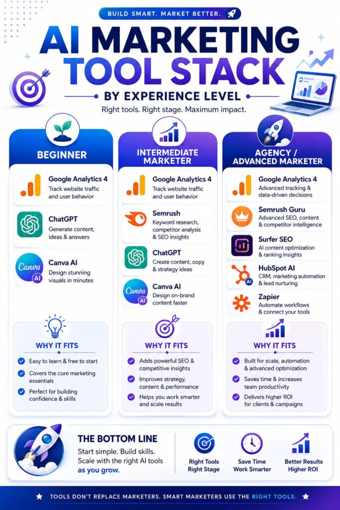 AI marketing tool stack recommendations for beginners, intermediate marketers, and agencies in 2026