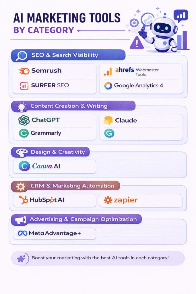AI marketing tools categorized by SEO, content creation, design, CRM automation, and advertising