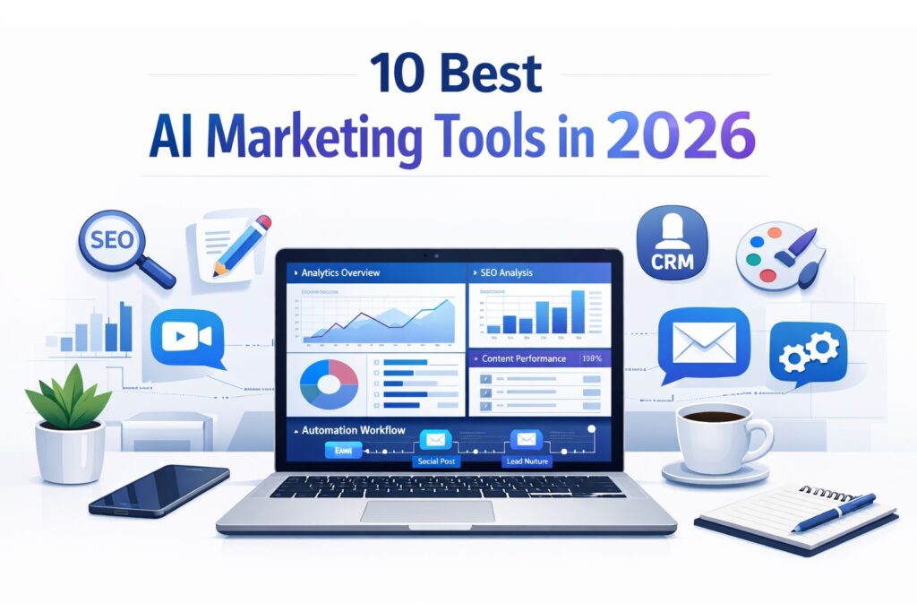 10 best AI marketing tools in 2026 for SEO, content creation, analytics, CRM, design, and marketing automation