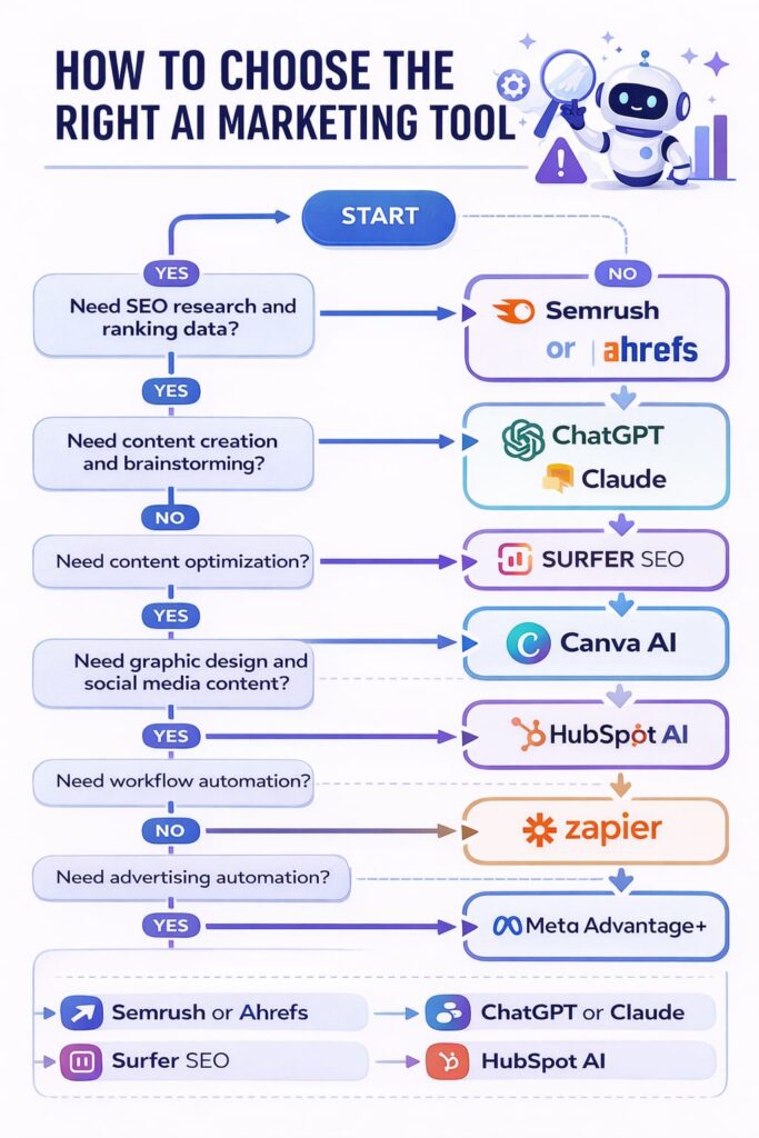 Decision tree showing how to choose AI marketing tools for SEO, content creation, design, CRM, and automation