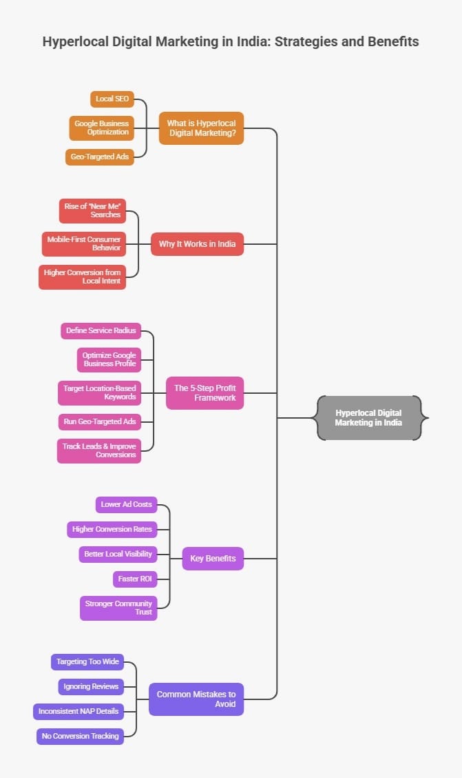 Hyperlocal digital marketing India framework showing local SEO, Google Business optimization, geo-targeted ads, profit strategy, benefits, and common mistakes.
