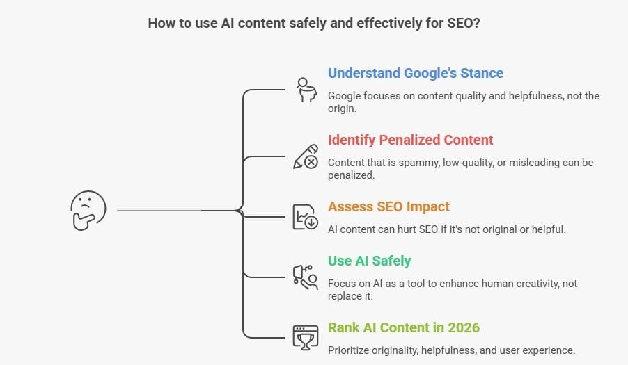 Infographic explaining does Google penalize AI content and how to use AI content safely for SEO in 2026