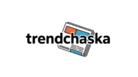 TrendChaska logo with tilted newspaper icon in orange and blue on dark background