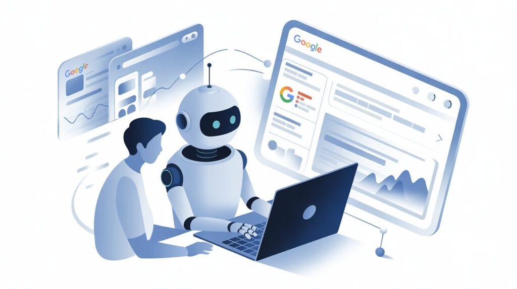 Illustration of AI robot and human creating content with Google search results showing AI content SEO and rankings concept