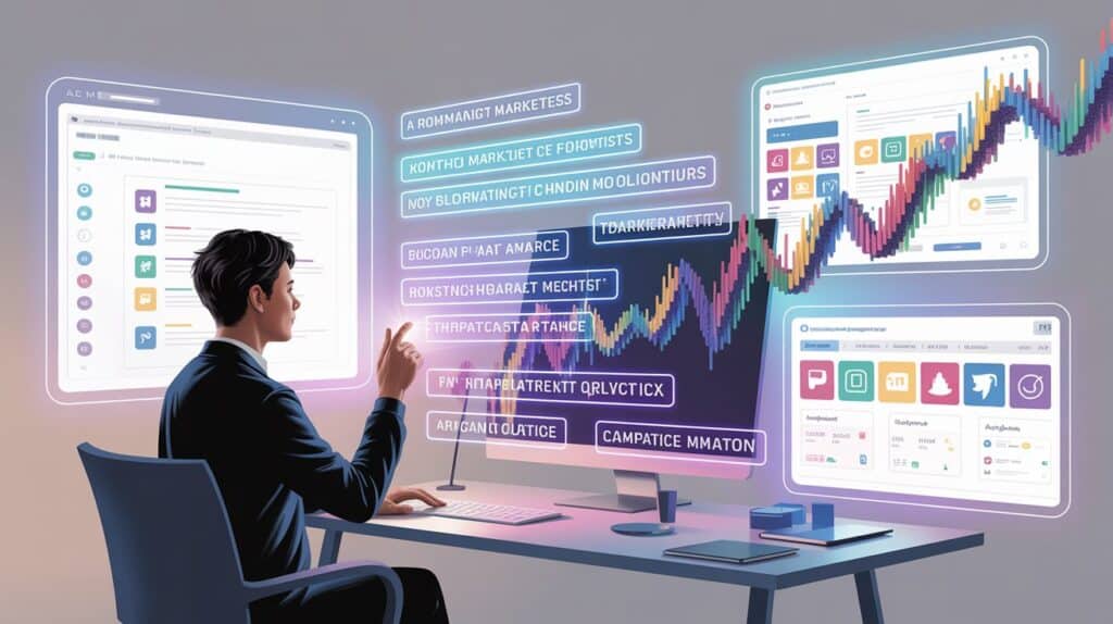 Digital illustration of a marketer using AI prompts and analytics dashboards, representing Prompt Engineering Marketing and AI-driven digital marketing strategy.