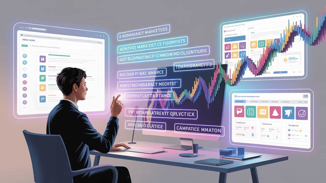 Digital illustration of a marketer using AI prompts and analytics dashboards, representing Prompt Engineering Marketing and AI-driven digital marketing strategy.
