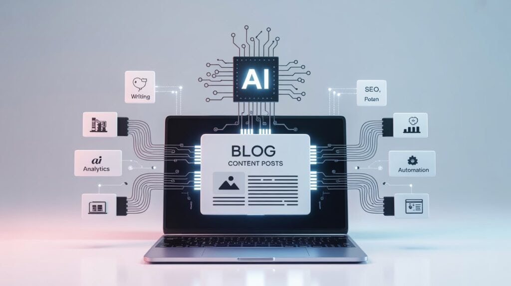 AI tools for bloggers showing blog content creation workflow including writing, SEO optimization, analytics, and automation.