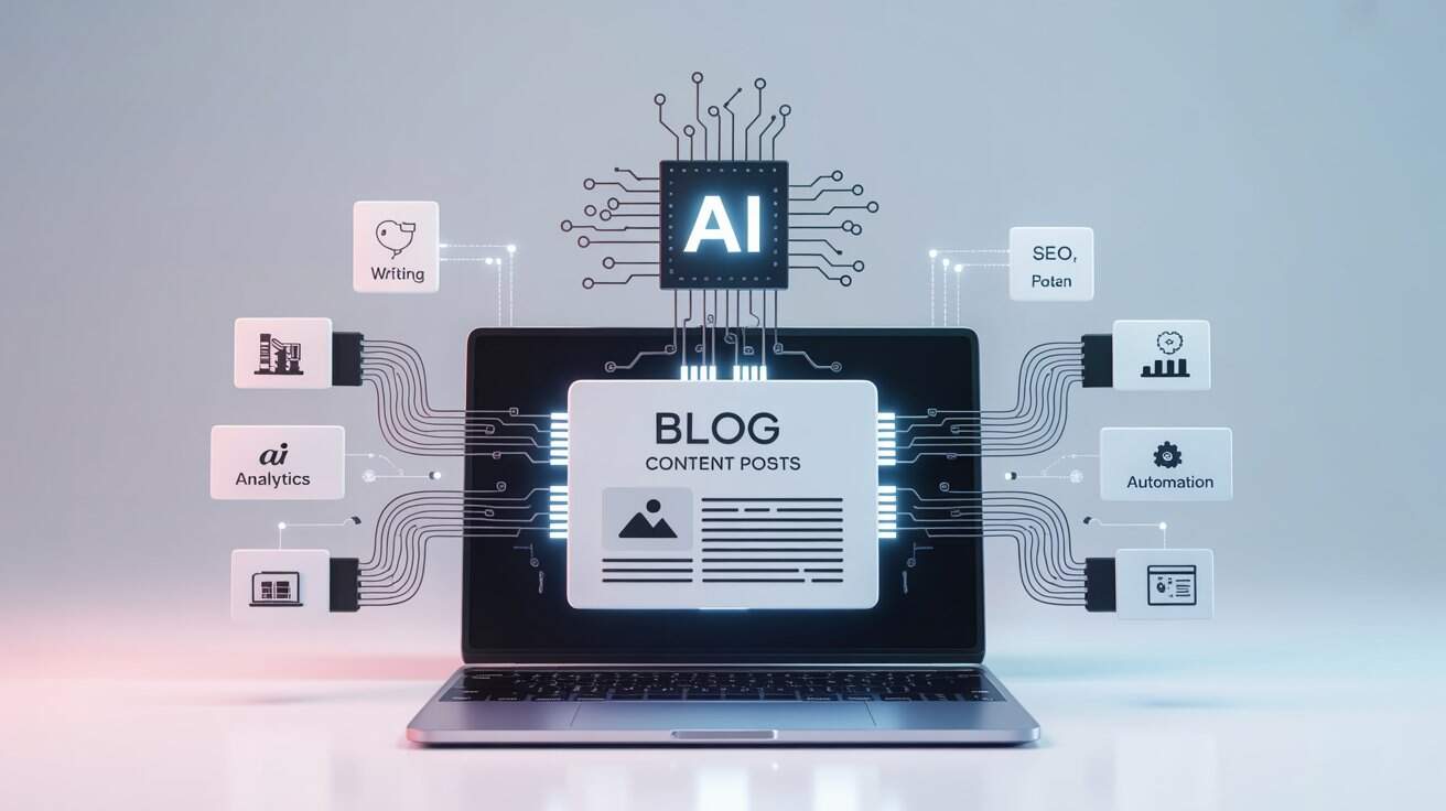 AI tools for bloggers showing blog content creation workflow including writing, SEO optimization, analytics, and automation.