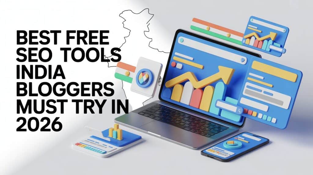 Free SEO tools India illustration showing blogger using laptop with SEO analytics dashboard, keyword charts, and growth graphs