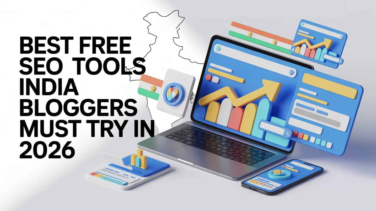 Free SEO tools India illustration showing blogger using laptop with SEO analytics dashboard, keyword charts, and growth graphs