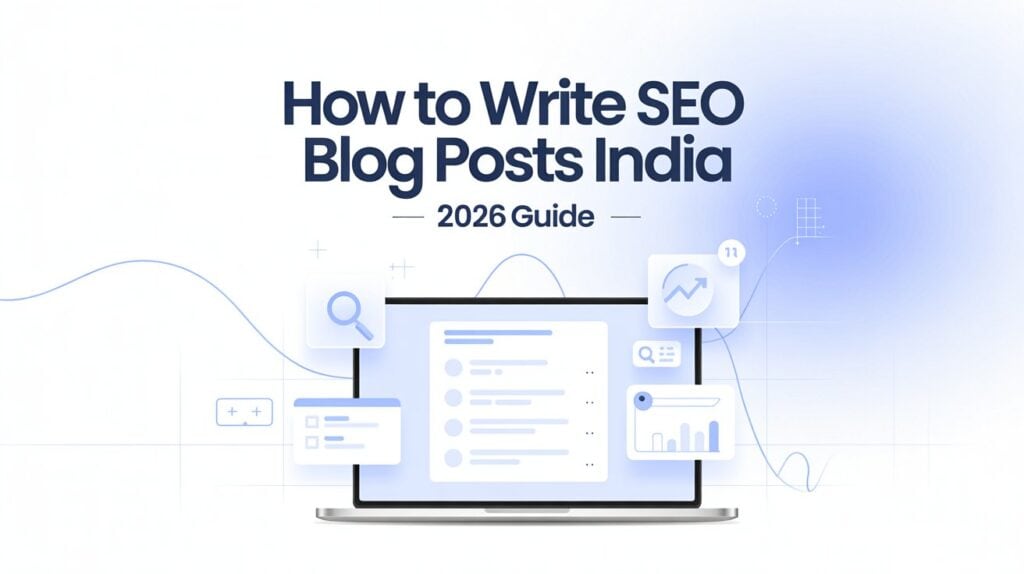 How to write SEO blog posts India 2026 guide with laptop, search icons, and SEO analytics visuals