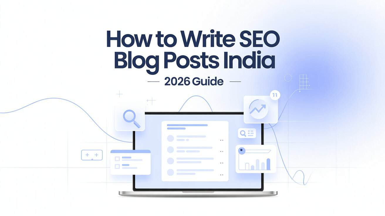 How to write SEO blog posts India 2026 guide with laptop, search icons, and SEO analytics visuals