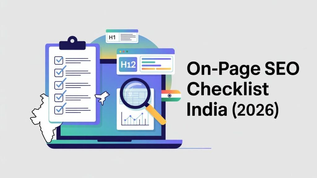 Cover image illustrating the On-Page SEO Checklist India 2026, showing a checklist, laptop screen, heading tags, magnifying glass, analytics graph, and India map icon.