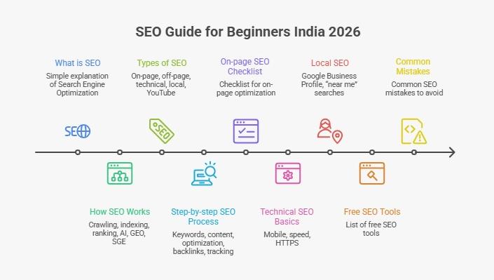 SEO guide for beginners India 2026 infographic showing SEO types, step-by-step process, on-page checklist, technical SEO, local SEO, and free tools