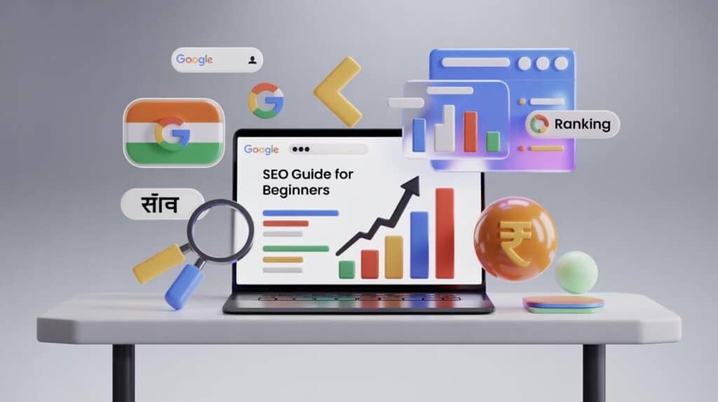 SEO guide for beginners India illustration showing Google ranking growth, analytics dashboard, keyword research, and website optimization concepts