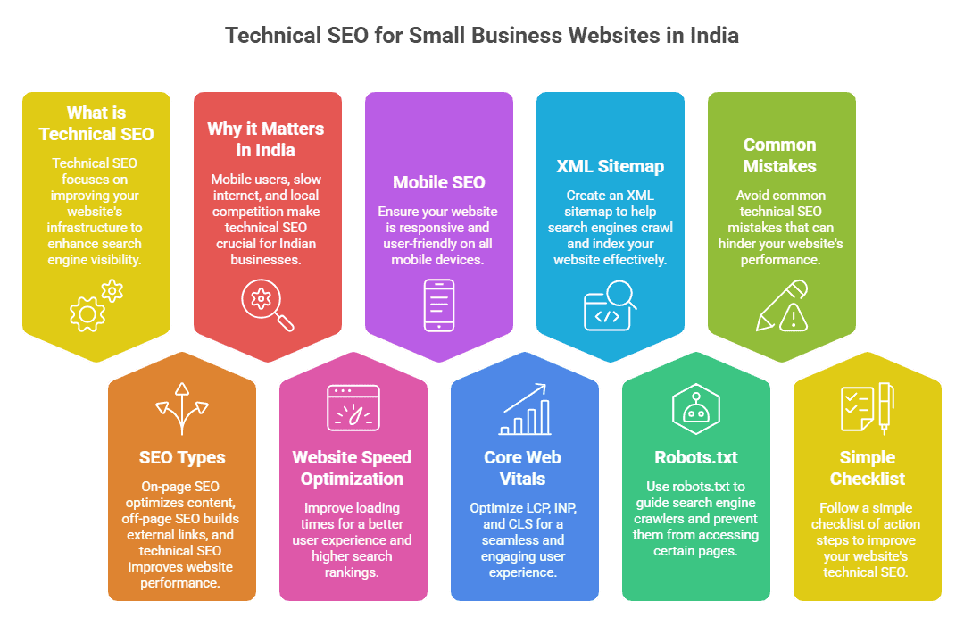 Technical SEO for small business websites in India infographic explaining website speed optimization, mobile SEO, Core Web Vitals, XML sitemap, robots.txt, and common SEO mistakes