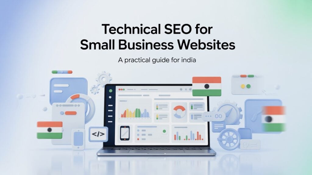 Technical SEO for small business websites in India concept showing analytics dashboard, website performance metrics, and Indian-inspired design elements