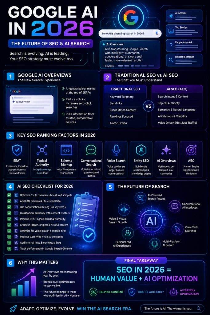 Google AI in 2026 infographic showing AI-powered search, Google AI Overviews, AI SEO strategies, EEAT, schema markup, topical authority, conversational search, and future SEO trends.