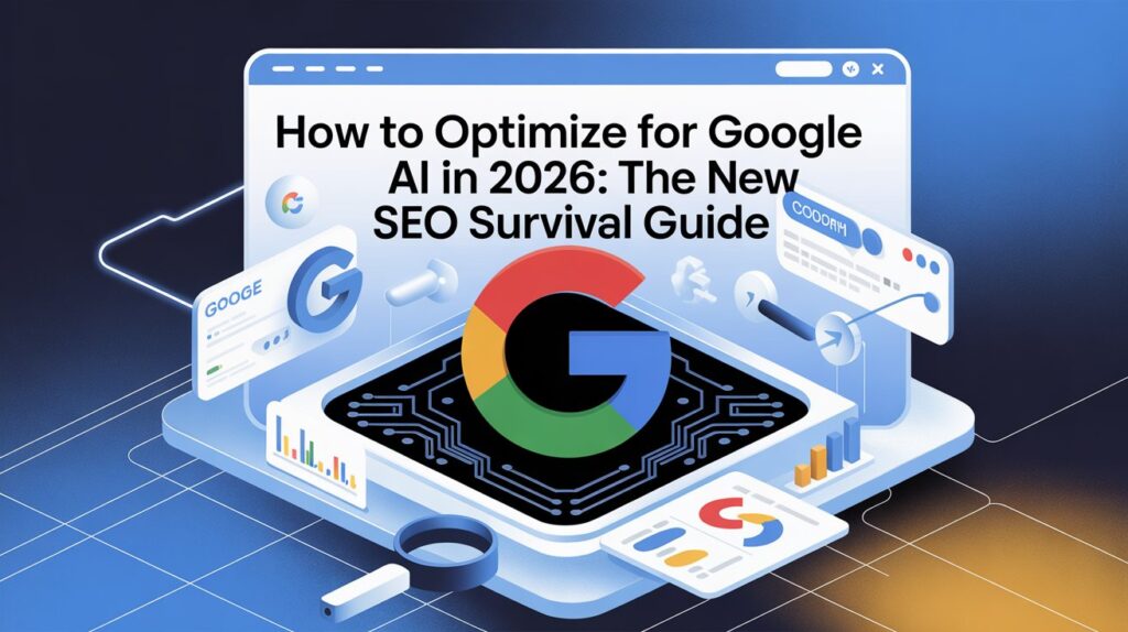 Google AI in 2026 illustration featuring AI-powered Google search, futuristic SEO analytics dashboards, AI Overviews, ranking graphs, schema markup elements, and advanced digital search technology.