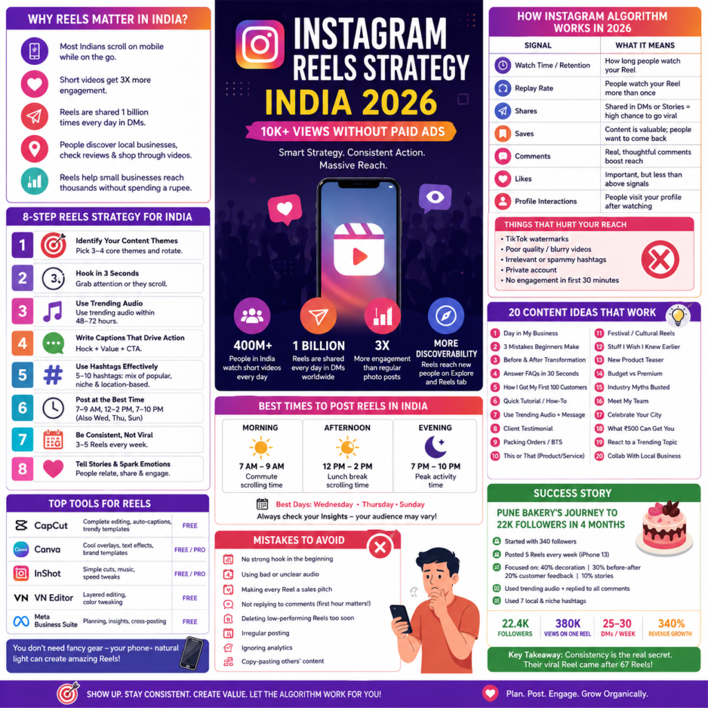 Infographic explaining the best Instagram reels strategy in India in 2026, including algorithm tips, posting times, hashtags, trending audio, content ideas, and growth tactics for Indian businesses and creators to reach 10K+ views without paid ads.