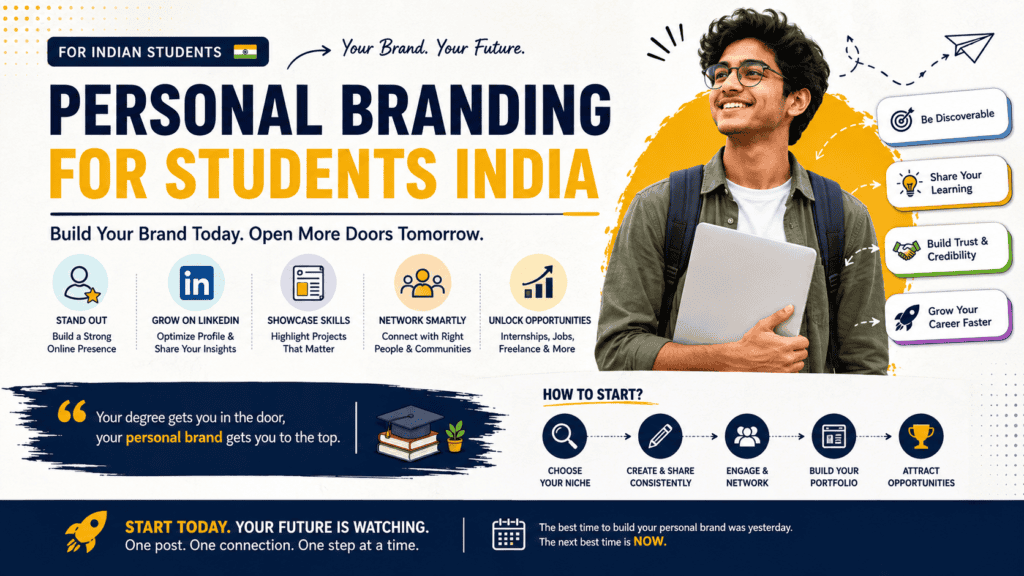 Personal branding for students India infographic showing LinkedIn profile optimization, networking, portfolio building, content creation, and career growth tips for Indian college students.