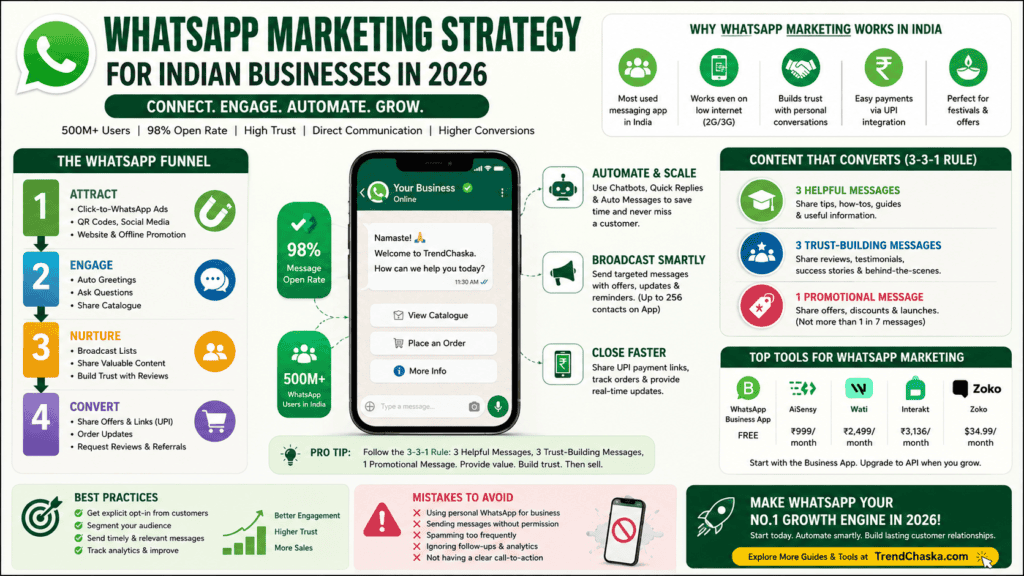 Wide infographic banner explaining WhatsApp Business marketing strategy in India for 2026 with WhatsApp automation, broadcast lists, chatbots, sales funnel, Click-to-WhatsApp ads, and lead generation tips for Indian businesses.