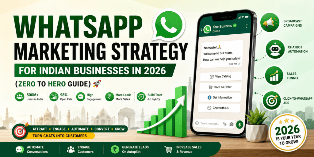 Cover image showing WhatsApp marketing strategy for Indian businesses in 2026 with WhatsApp Business automation, broadcast campaigns, chatbots, Click-to-WhatsApp ads, sales funnel, and lead generation concepts.