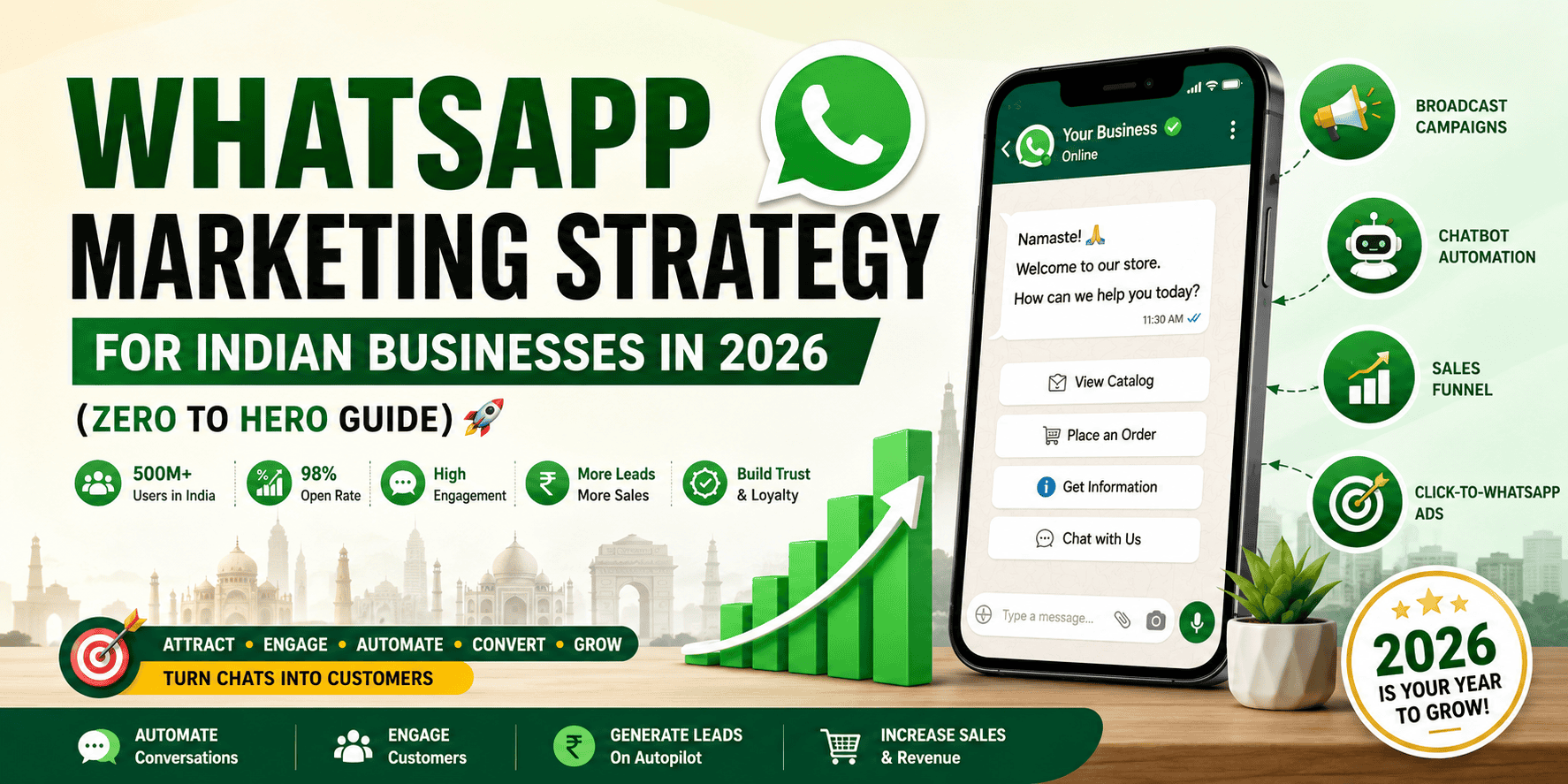 Cover image showing WhatsApp marketing strategy for Indian businesses in 2026 with WhatsApp Business automation, broadcast campaigns, chatbots, Click-to-WhatsApp ads, sales funnel, and lead generation concepts.