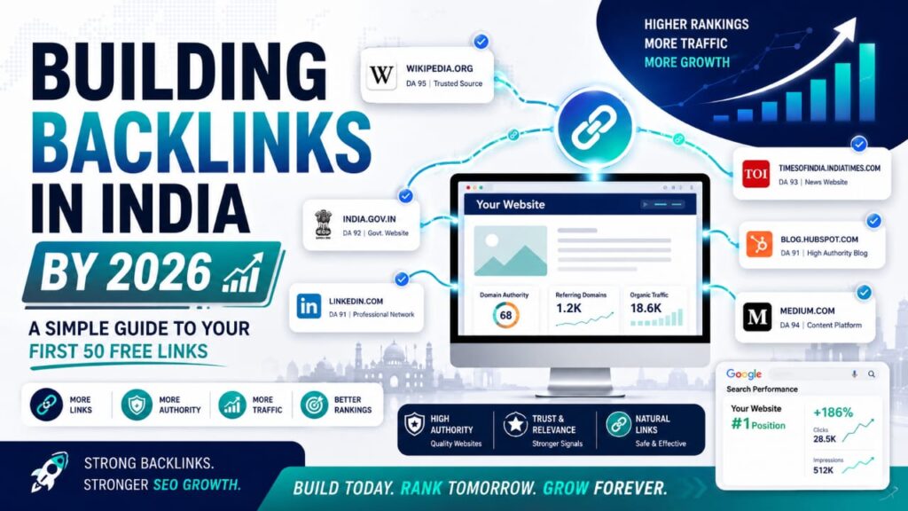 Building backlinks in India by 2026 cover image showing a website receiving backlinks from high-authority websites to improve SEO rankings, domain authority, and organic traffic