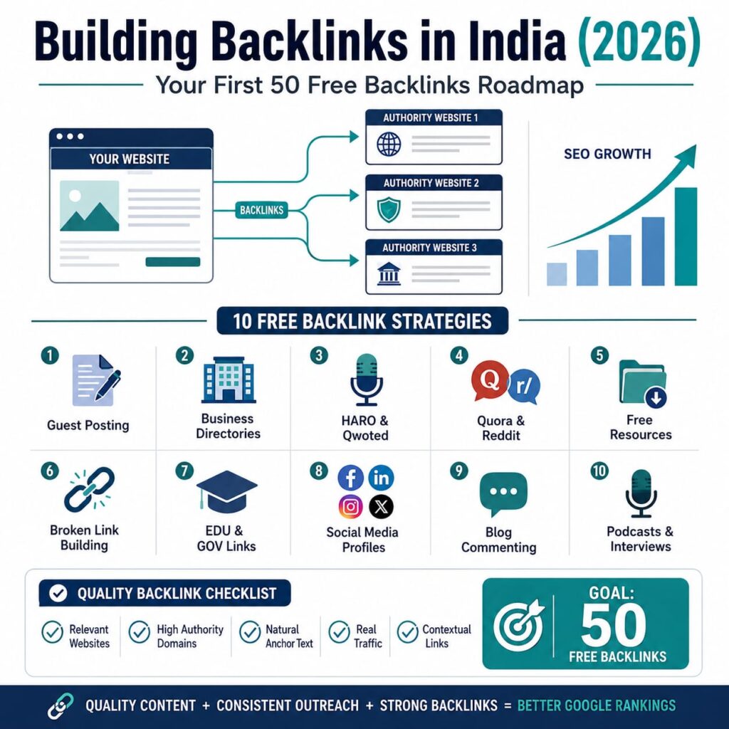 Building backlinks in India infographic featuring guest posting, business directories, HARO, Quora, broken link building, social media backlinks, and a roadmap to earn 50 free backlinks in 2026