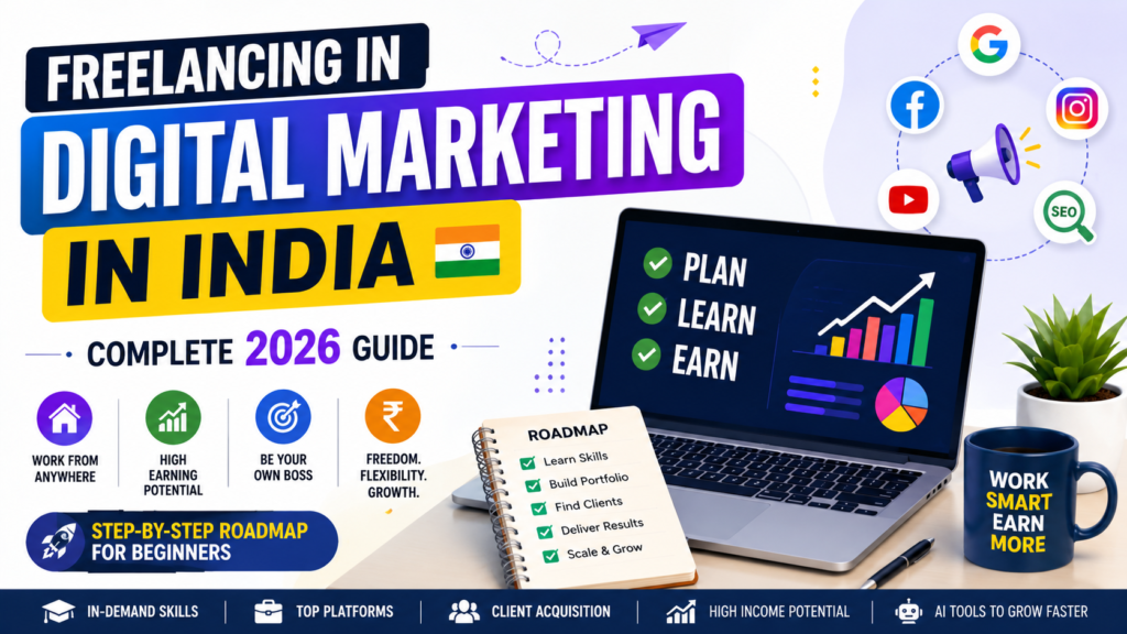 How to Start Freelancing in Digital Marketing in India 2026 guide showing digital marketing roadmap, SEO, social media marketing, client acquisition, portfolio building, and freelance career growth.