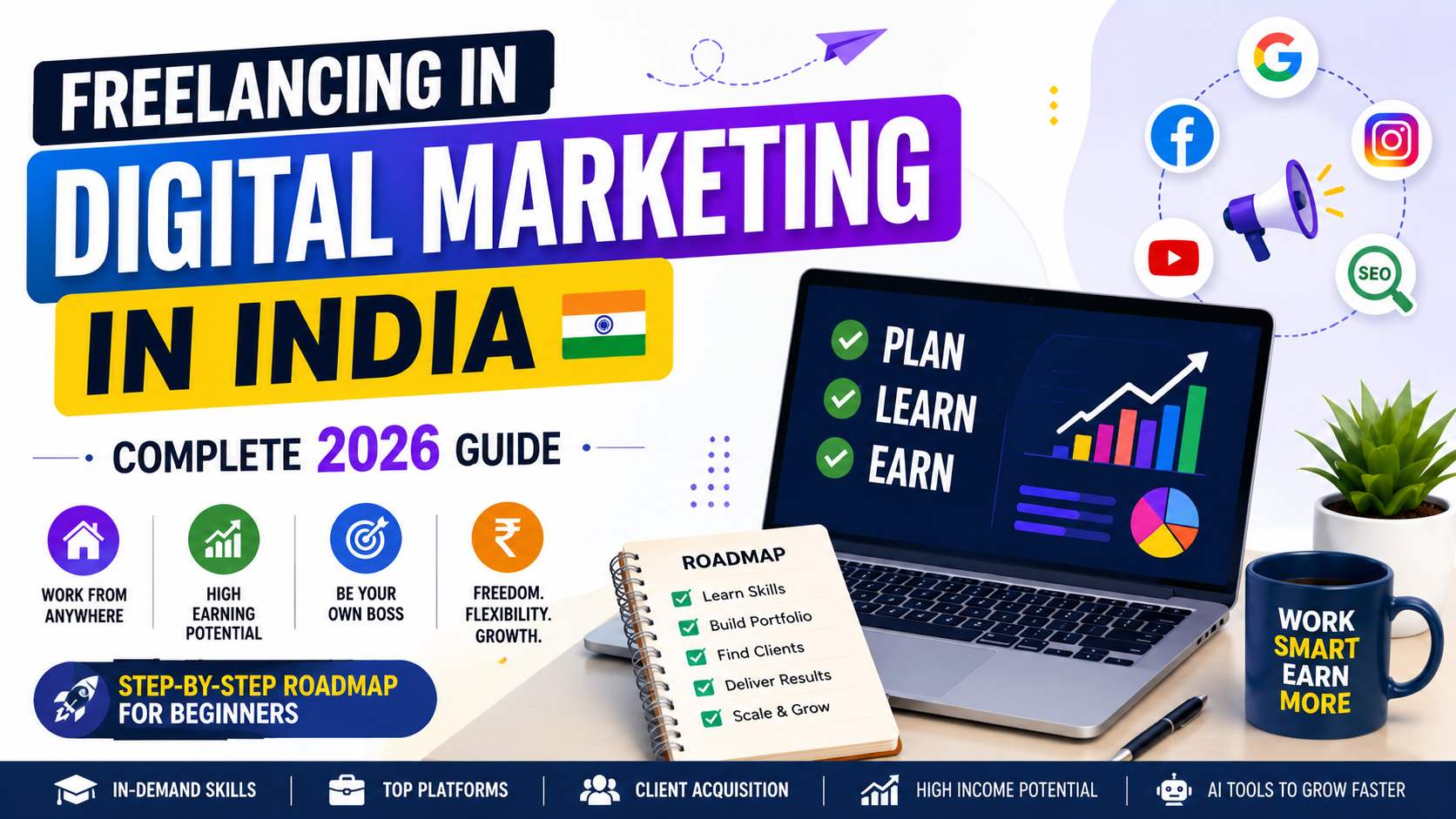 How to Start Freelancing in Digital Marketing in India 2026 guide showing digital marketing roadmap, SEO, social media marketing, client acquisition, portfolio building, and freelance career growth.