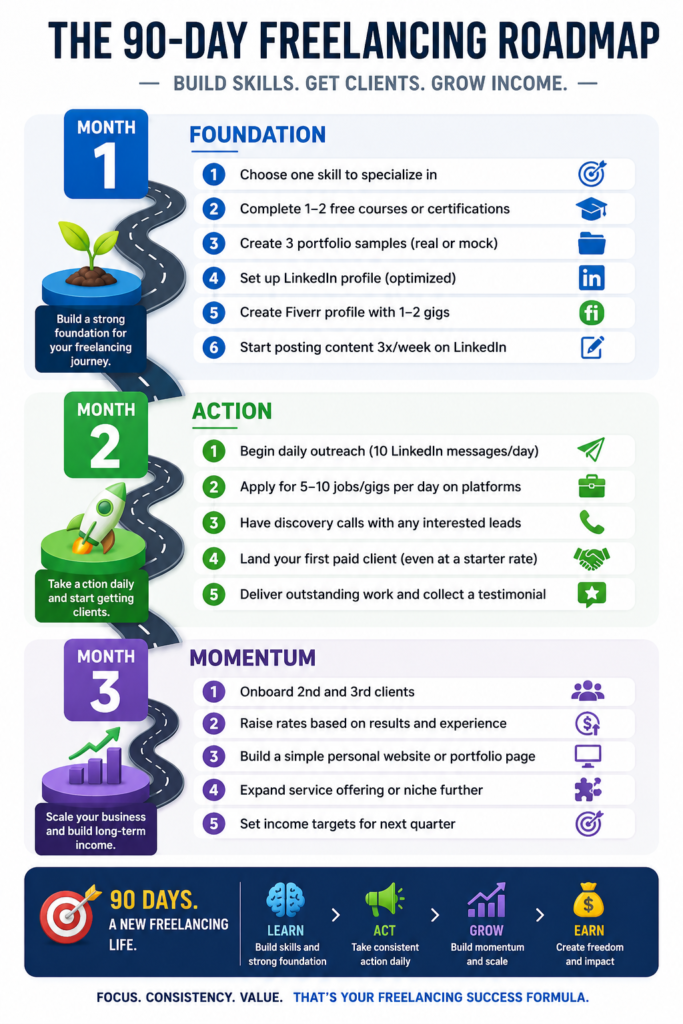 90-day freelancing roadmap for digital marketing in India showing skill building, client acquisition, portfolio creation, and income growth.