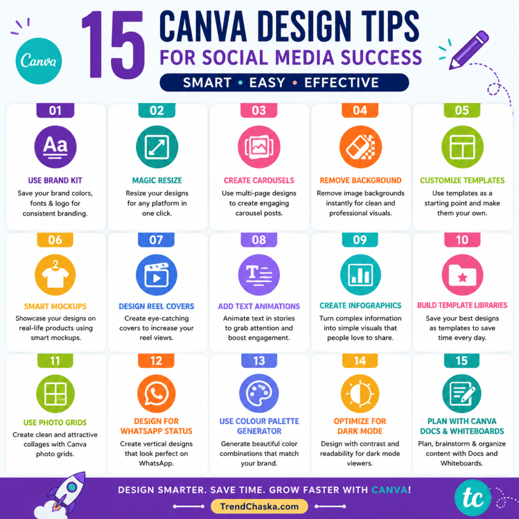 Canva for Social Media Marketing infographic showcasing 15 smart and easy design tricks to create engaging social media content, improve branding, and boost marketing results in 2026.