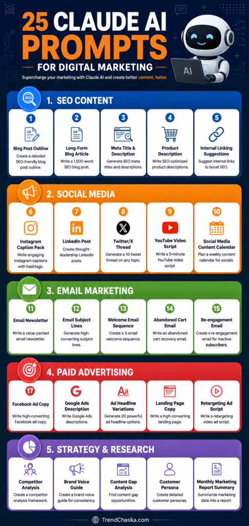 25 claude ai prompts How to Use Claude for Digital Marketing – 25 Proven Prompts for SEO, Social Media, Email Marketing, Paid Ads and Strategy Infographic by TrendChaska.com
