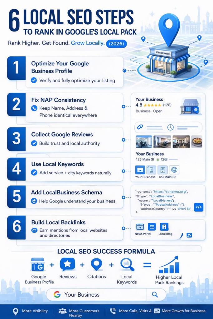 6 Local SEO Steps to Rank Higher in Google Local Pack for Small Businesses in India (2026) Infographic showing 6 Local SEO steps for small businesses in India, including Google Business Profile optimization, NAP consistency, Google reviews, local keywords, schema markup, and local backlinks.