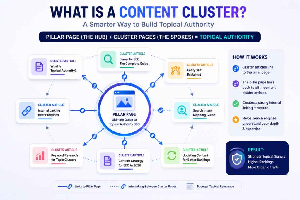 Hub-and-spoke content cluster SEO strategy diagram showing a pillar page connected to multiple supporting articles through internal linking to build topical authority.