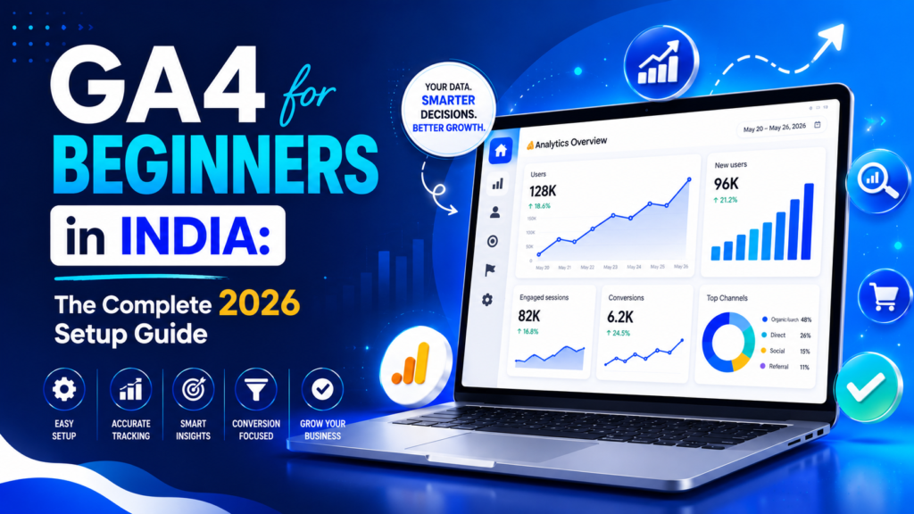 GA4 for Beginners in India guide showing a Google Analytics 4 dashboard, setup process, tracking metrics, conversions, and reporting insights for 2026.