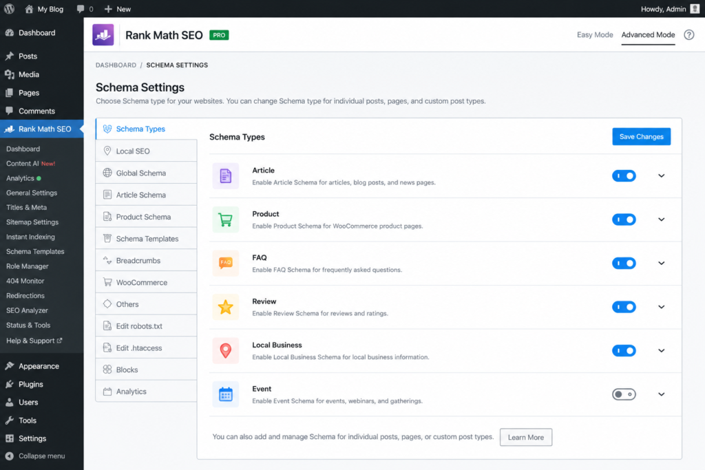 Screenshot of Rank Math schema settings panel in WordPress dashboard showing schema markup setup for beginners in India.