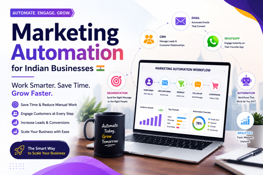Marketing Automation for Indian Businesses showing email automation, CRM, WhatsApp marketing, analytics, and business growth