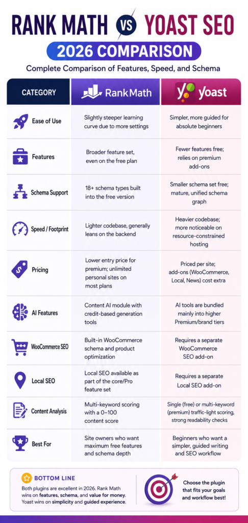 Rank Math vs Yoast 2026 infographic comparing features, pricing, schema support, speed, and AI tools
