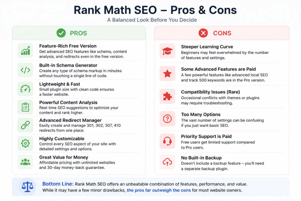 Pros and cons infographic highlighting the advantages and disadvantages of Rank Math in the Rank Math vs Yoast 2026 comparison.