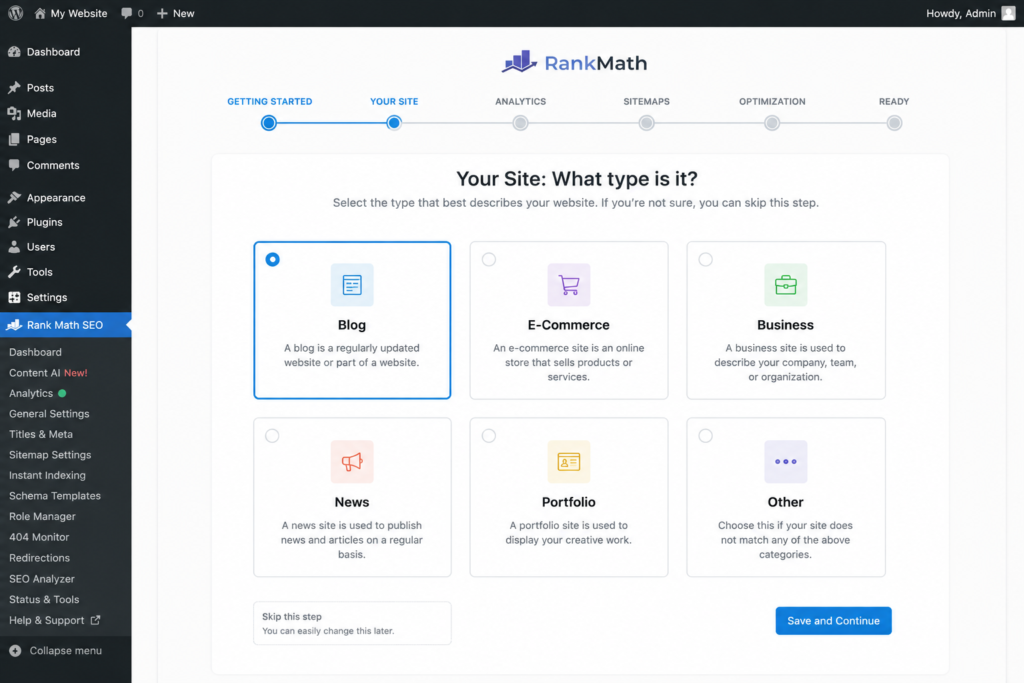 Rank Math vs Yoast 2026 setup wizard showing WordPress SEO plugin onboarding and site type selection