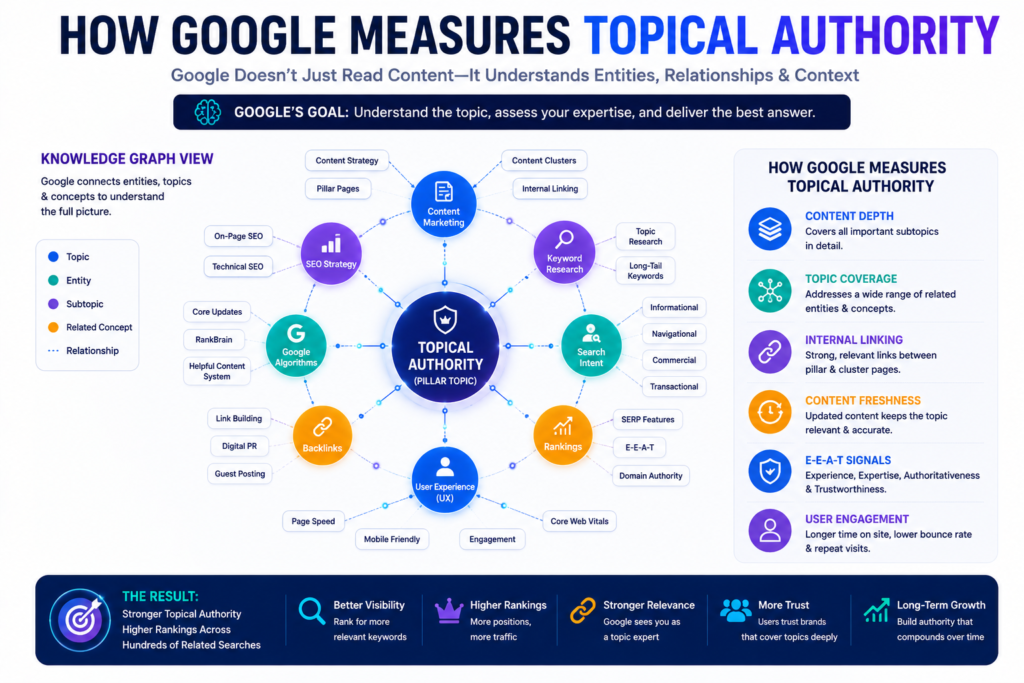 Knowledge graph illustration showing semantic SEO, entity relationships, topical relevance, and how Google measures topical authority beyond keyword matching.