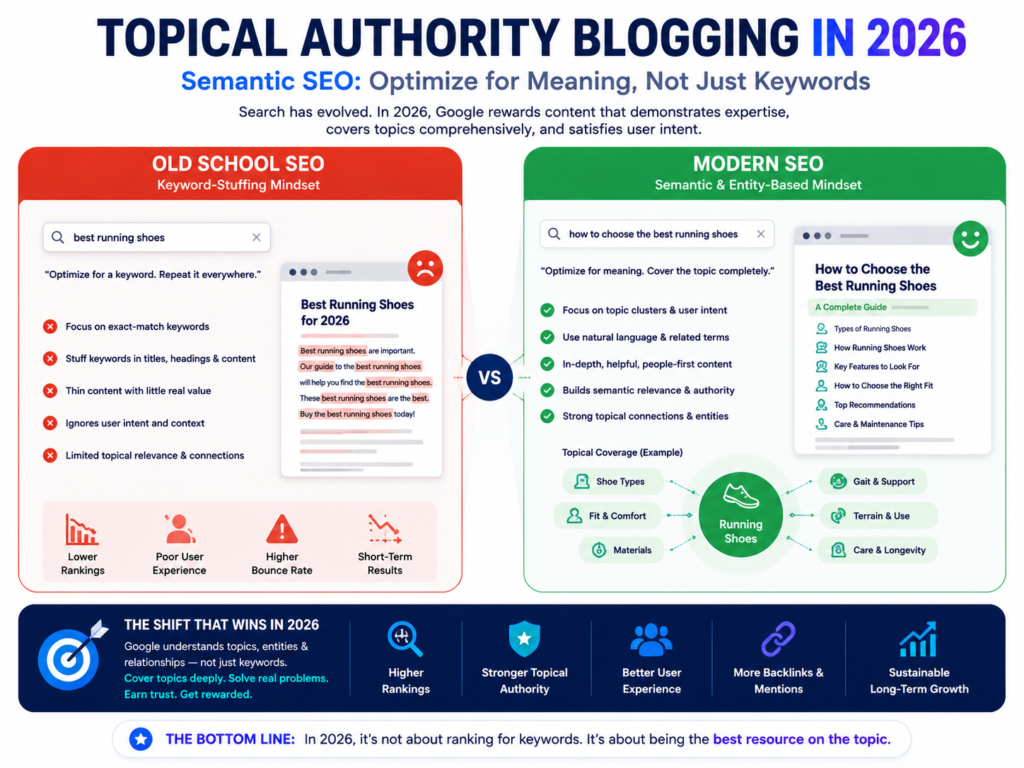 Comparison infographic showing traditional keyword-focused SEO versus modern semantic SEO and topical authority blogging in 2026, highlighting topic clusters, entity optimization, user intent, and comprehensive content coverage for higher Google rankings.