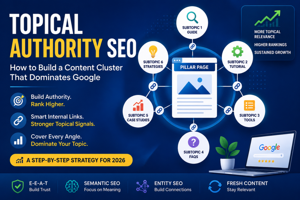 Illustration of a topical authority SEO strategy showing a pillar page connected to multiple content clusters through internal linking, demonstrating how websites build topical authority and improve Google rankings in 2026.