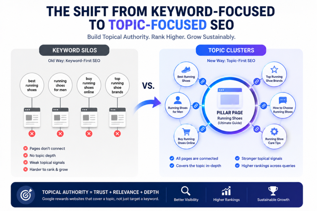 Visual comparison of keyword silos and content clusters showing how a topical authority SEO strategy helps websites build stronger topic relevance and improve Google rankings.